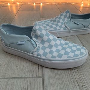Light blue checkered slip on vans
